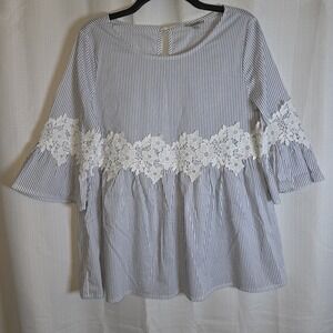 Jodifl Tunic Blouse Womens Small Blue Striped Crochet Lace Bell Sleeve Boho